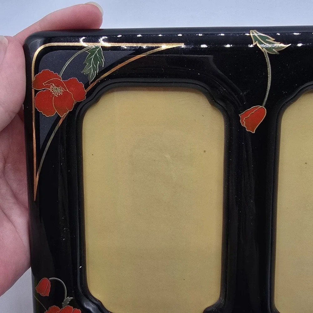 Vintage Double Photo Frame Black Ceramic Red Flowers Bird Japan Holds 4.5x3